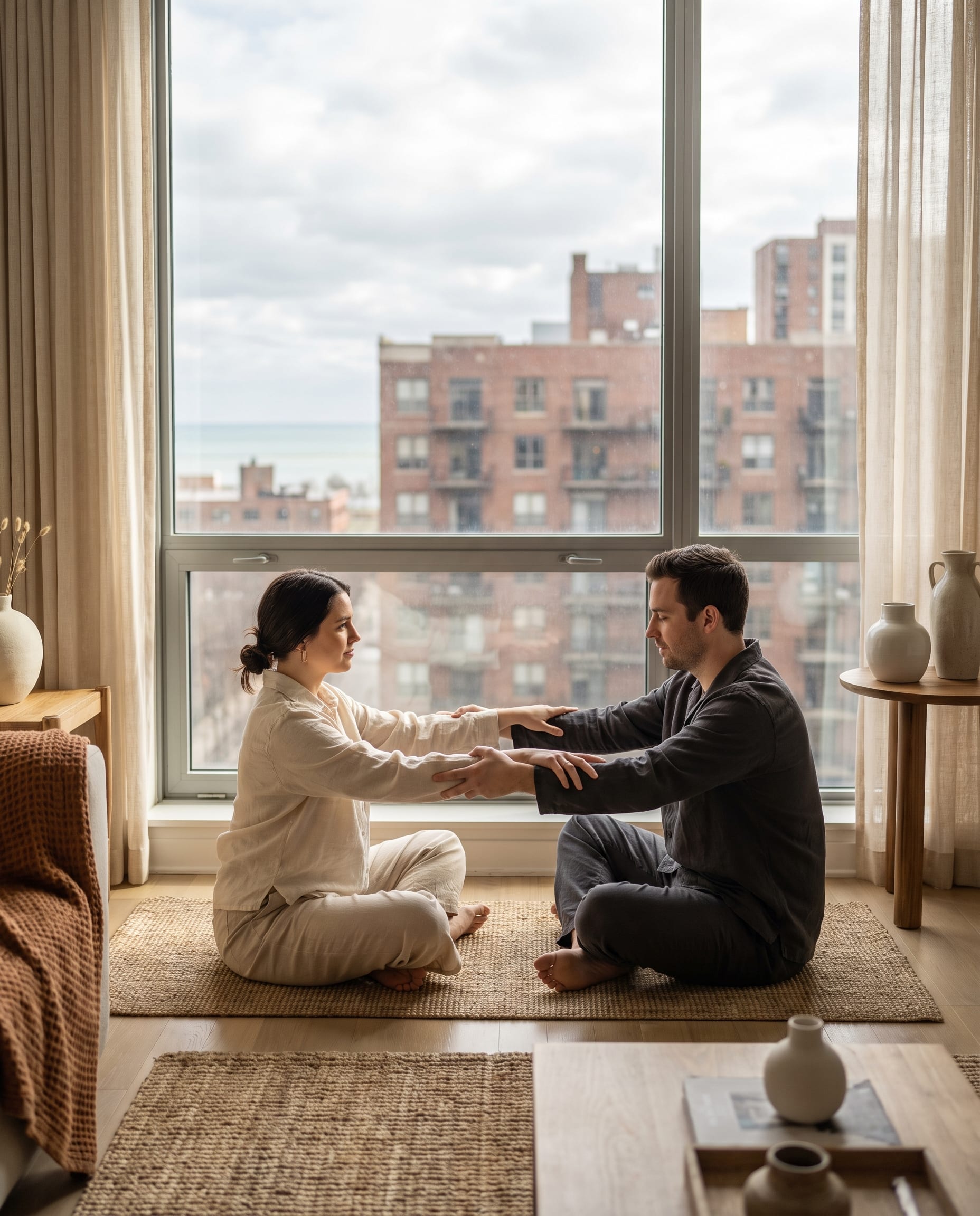 Couples yoga session in a Chicago apartment